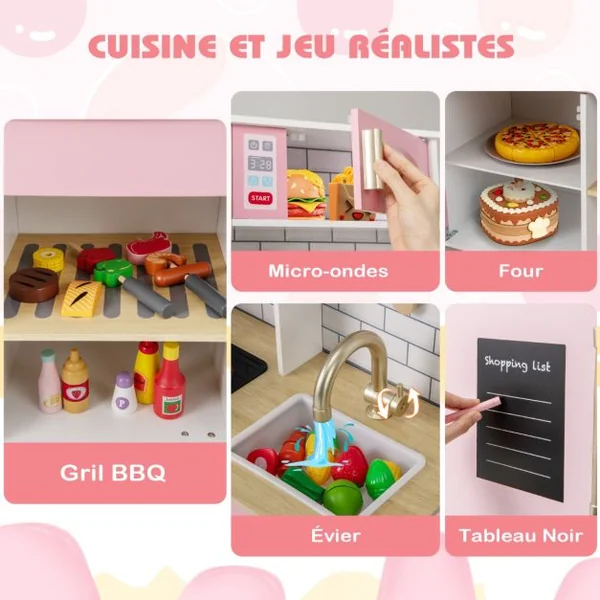 Cuisine pour Enfants en Bois avec Machine à Glaçons Hotte Tableau Noir Barbecue Ustensiles avec Lumières et Sons Cadeau pour les 3+ Ans Rose