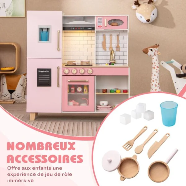 Cuisine pour Enfants en Bois avec Machine à Glaçons Hotte Tableau Noir Barbecue Ustensiles avec Lumières et Sons Cadeau pour les 3+ Ans Rose