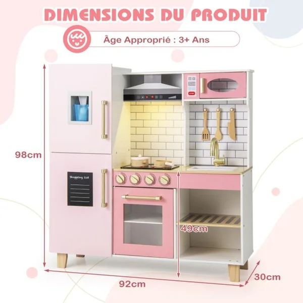 Cuisine pour Enfants en Bois avec Machine à Glaçons Hotte Tableau Noir Barbecue Ustensiles avec Lumières et Sons Cadeau pour les 3+ Ans Rose