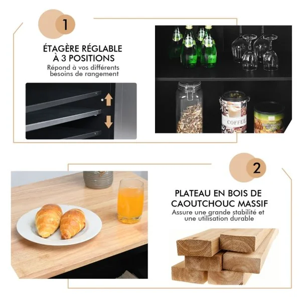 Desserte de Cuisine sur Roulettes avec Plateau en Bois d'hévéa îlot Chariot de Service avec Porte-épices et Tiroirs Noir/Blanc