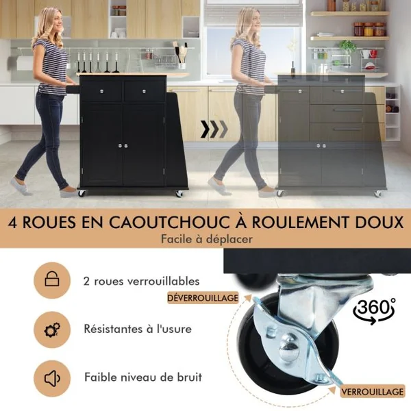Desserte de Cuisine sur Roulettes avec Plateau en Bois d'hévéa îlot Chariot de Service avec Porte-épices et Tiroirs Noir/Blanc