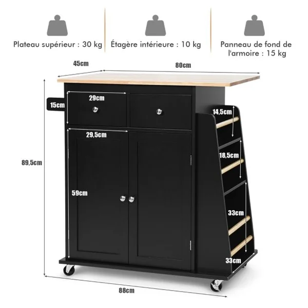 Desserte de Cuisine sur Roulettes avec Plateau en Bois d'hévéa îlot Chariot de Service avec Porte-épices et Tiroirs Noir/Blanc