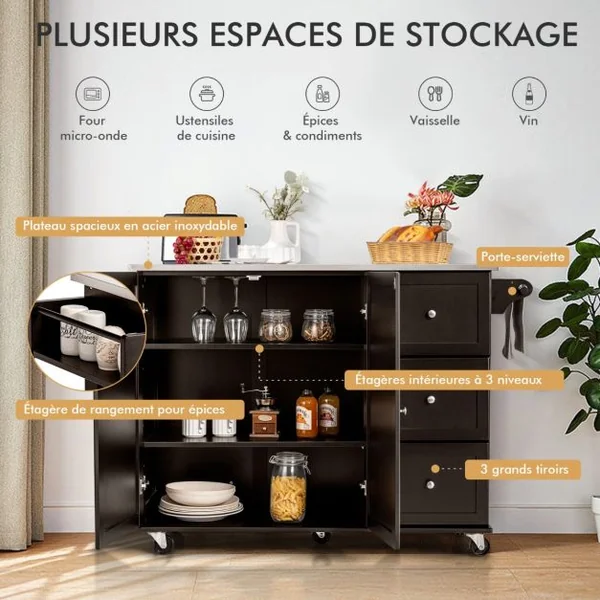 Desserte de Cuisine à Roulettes avec Plateau Acier Inox. îlot Chariot de Cuisine avec 3 Tiroirs 2 Portes et Porte-épices Blanc/Café/Noir