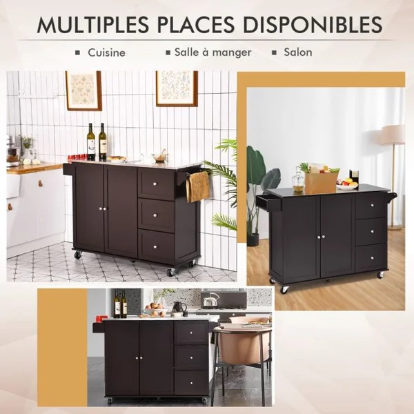 Desserte de Cuisine à Roulettes avec Plateau Acier Inox. îlot Chariot de Cuisine avec 3 Tiroirs 2 Portes et Porte-épices Blanc/Café/Noir