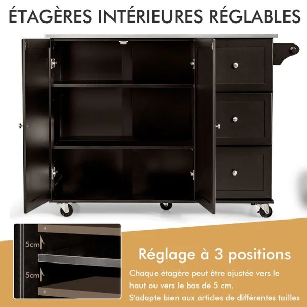 Desserte de Cuisine à Roulettes avec Plateau Acier Inox. îlot Chariot de Cuisine avec 3 Tiroirs 2 Portes et Porte-épices Blanc/Café/Noir