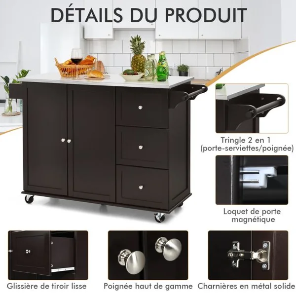 Desserte de Cuisine à Roulettes avec Plateau Acier Inox. îlot Chariot de Cuisine avec 3 Tiroirs 2 Portes et Porte-épices Blanc/Café/Noir