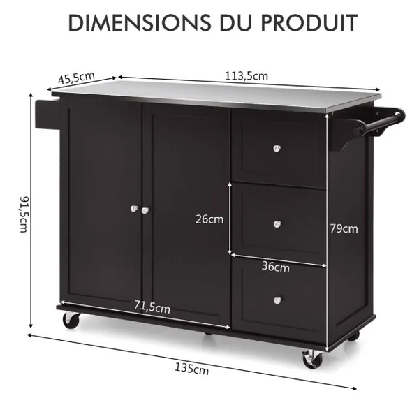 Desserte de Cuisine à Roulettes avec Plateau Acier Inox. îlot Chariot de Cuisine avec 3 Tiroirs 2 Portes et Porte-épices Blanc/Café/Noir
