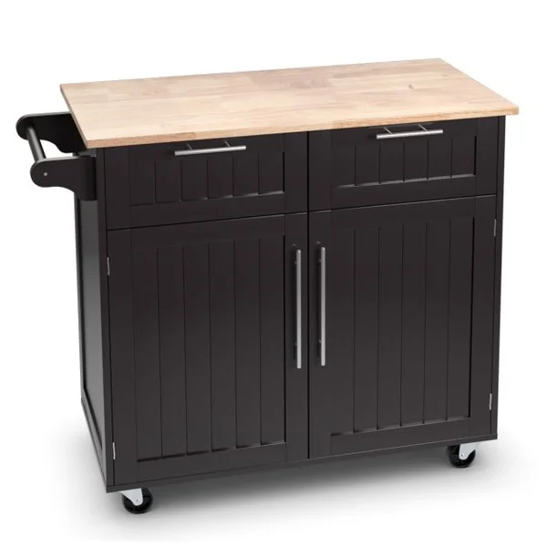 Desserte/Chariot de Cuisine à Roulettes - 94x45x94,5 CM - 2 Tiroirs - 2 Portes - Porte-Serviettes - Ilot de Cuisine - Noir/Café/Blanc