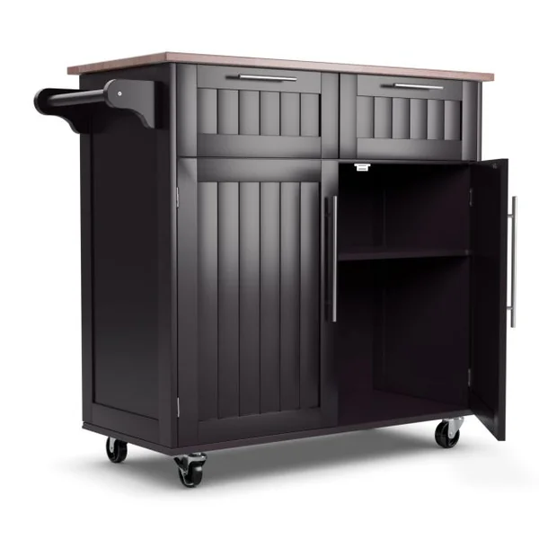 Desserte/Chariot de Cuisine à Roulettes - 94x45x94,5 CM - 2 Tiroirs - 2 Portes - Porte-Serviettes - Ilot de Cuisine - Noir/Café/Blanc