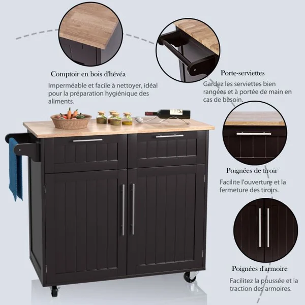 Desserte/Chariot de Cuisine à Roulettes - 94x45x94,5 CM - 2 Tiroirs - 2 Portes - Porte-Serviettes - Ilot de Cuisine - Noir/Café/Blanc