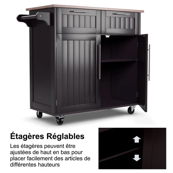 Desserte/Chariot de Cuisine à Roulettes - 94x45x94,5 CM - 2 Tiroirs - 2 Portes - Porte-Serviettes - Ilot de Cuisine - Noir/Café/Blanc