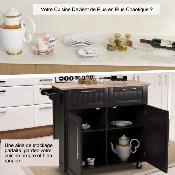 Desserte/Chariot de Cuisine à Roulettes - 94x45x94,5 CM - 2 Tiroirs - 2 Portes - Porte-Serviettes - Ilot de Cuisine - Noir/Café/Blanc