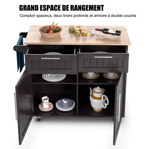 Desserte/Chariot de Cuisine à Roulettes - 94x45x94,5 CM - 2 Tiroirs - 2 Portes - Porte-Serviettes - Ilot de Cuisine - Noir/Café/Blanc