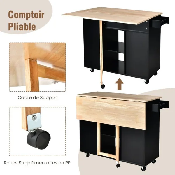 Desserte/Chariot à Roulettes avec Comptoir en Bois de Caoutchouc Pliable Ilot Central Cuisine avec Porte-épices Blanc/Noir