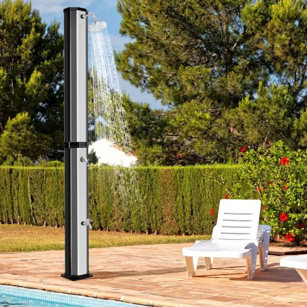 Douche Solaire d’Extérieur 60 L Douche d’Extérieur à Chauffage 227 cm avec Pommeau de Douche Pivotant Robinet Argent