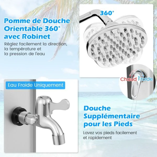 Douche Solaire d’Extérieur 60 L Douche d’Extérieur à Chauffage 227 cm avec Pommeau de Douche Pivotant Robinet Argent