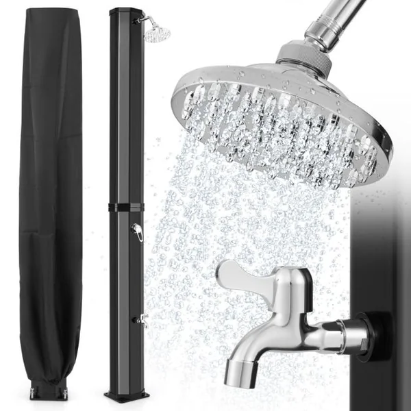 Douche Solaire d’Extérieur 60 L Douche d’Extérieur à Chauffage 227 cm avec Pommeau de Douche Pivotant Robinet Noir