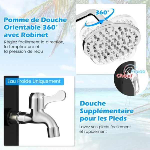 Douche Solaire d’Extérieur 60 L Douche d’Extérieur à Chauffage 227 cm avec Pommeau de Douche Pivotant Robinet Noir