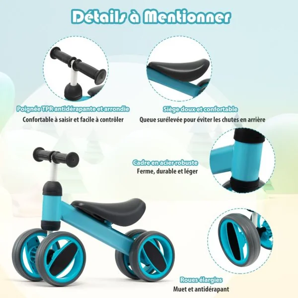 Draisienne Bébé Vélo d'Équilibre sans Pédal - 4 Roues Cadeau de Premier Anniversaire Noel pour Enfant 1 à 2 ans Bleu