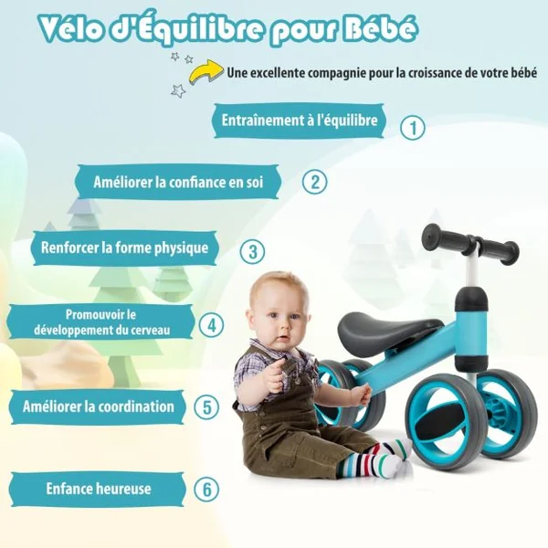 Draisienne Bébé Vélo d'Équilibre sans Pédal - 4 Roues Cadeau de Premier Anniversaire Noel pour Enfant 1 à 2 ans Bleu