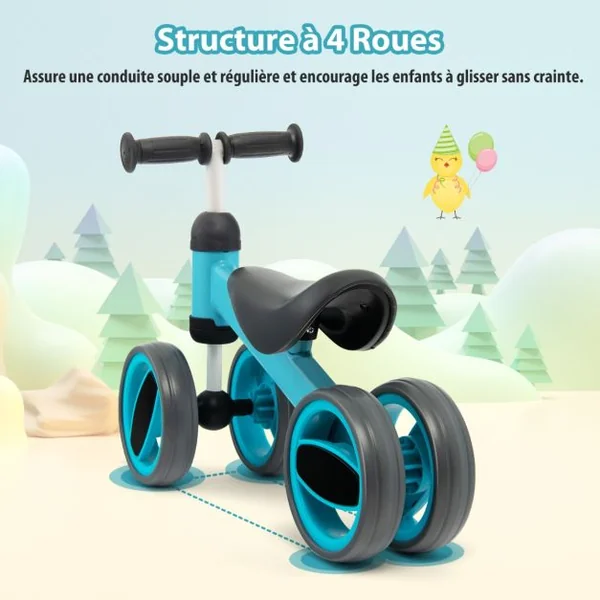 Draisienne Bébé Vélo d'Équilibre sans Pédal - 4 Roues Cadeau de Premier Anniversaire Noel pour Enfant 1 à 2 ans Bleu
