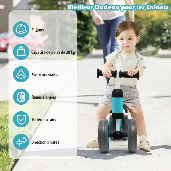 Draisienne Bébé Vélo d'Équilibre sans Pédal - 4 Roues Cadeau de Premier Anniversaire Noel pour Enfant 1 à 2 ans Bleu
