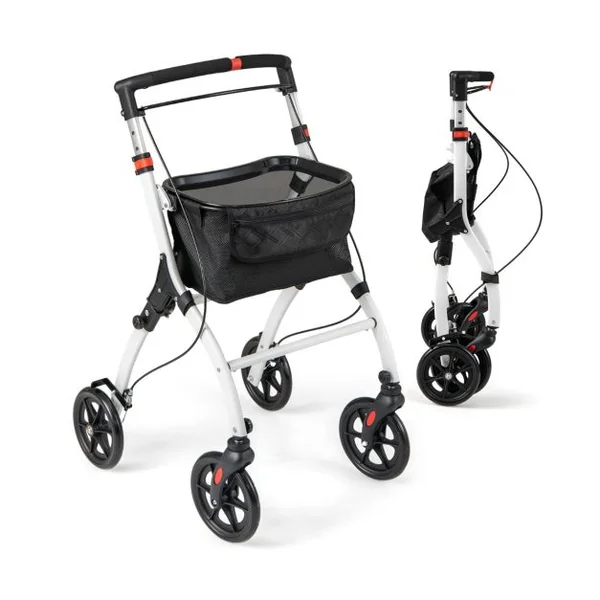 Déambulateur Pliant à 4 Roues&Freins Charge 136KG Rollator Médical Léger Hauteur Réglable avec Poignée Plateau Panier de Rangement Blanc