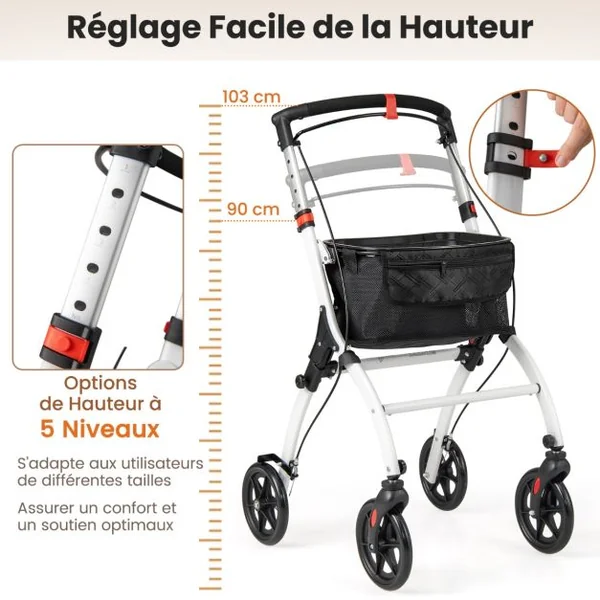 Déambulateur Pliant à 4 Roues&Freins Charge 136KG Rollator Médical Léger Hauteur Réglable avec Poignée Plateau Panier de Rangement Blanc