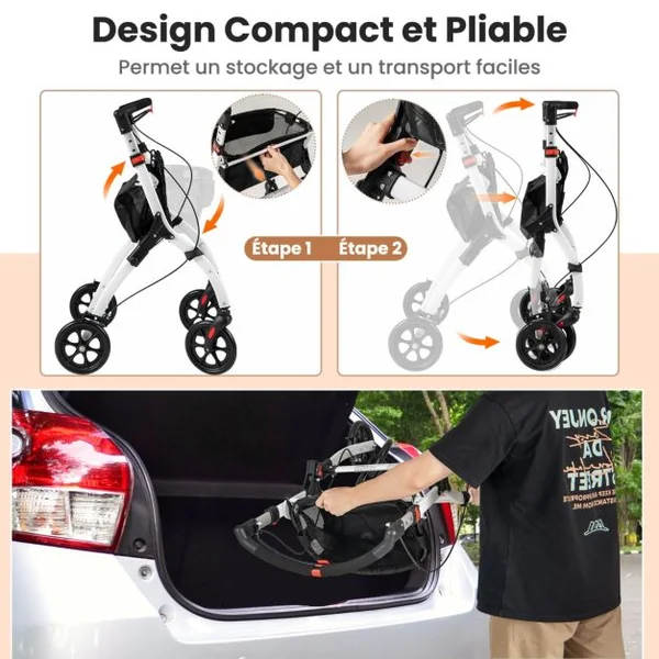 Déambulateur Pliant à 4 Roues&Freins Charge 136KG Rollator Médical Léger Hauteur Réglable avec Poignée Plateau Panier de Rangement Blanc