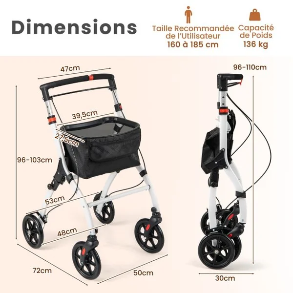 Déambulateur Pliant à 4 Roues&Freins Charge 136KG Rollator Médical Léger Hauteur Réglable avec Poignée Plateau Panier de Rangement Blanc