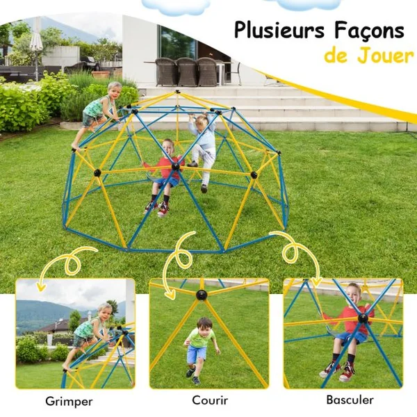 Dôme d'Escalade de 305cm avec Balançoire Cage d'Escalade en Métal Charge Max 363 kg Intérieur Extérieur pour Enfants de 3-10 Ans