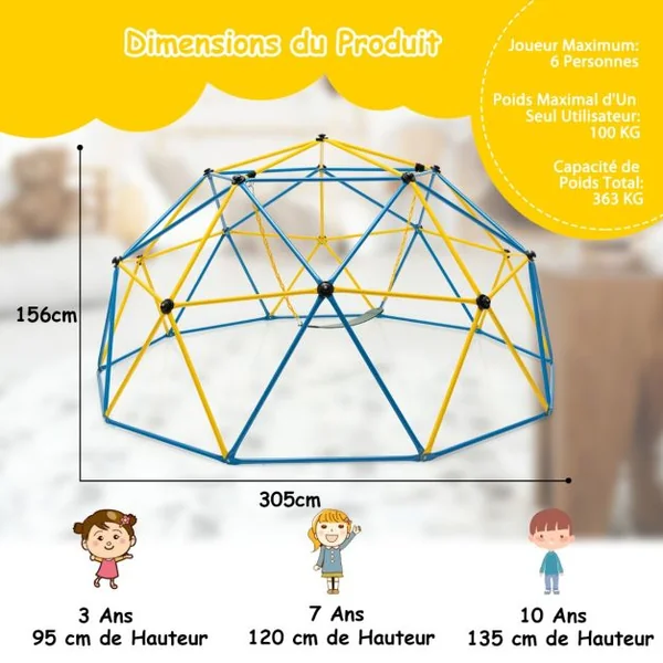 Dôme d'Escalade de 305cm avec Balançoire Cage d'Escalade en Métal Charge Max 363 kg Intérieur Extérieur pour Enfants de 3-10 Ans