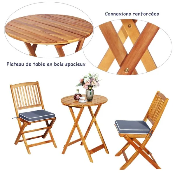 Ensemble Bistro Pliant en Bois d'Acacia 3 Pièces pour Patio Ensemble de Table et Chaises Extérieures avec Coussins Doux Gris/Naturel