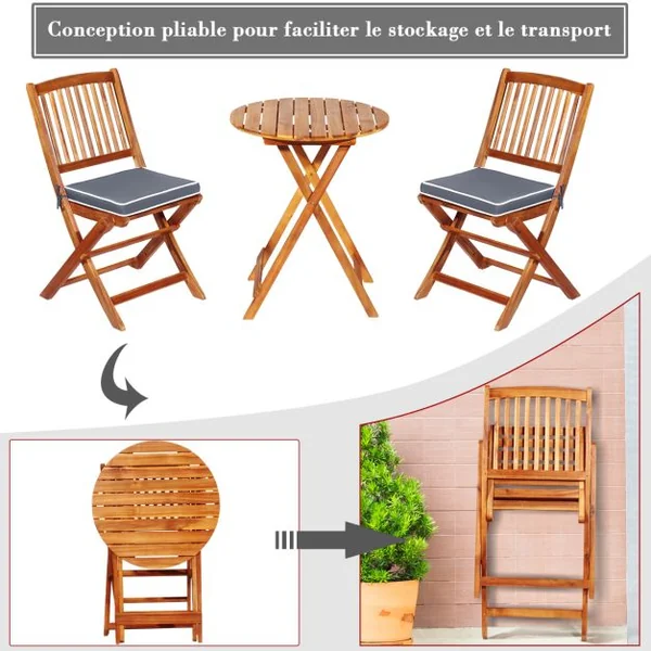 Ensemble Bistro Pliant en Bois d'Acacia 3 Pièces pour Patio Ensemble de Table et Chaises Extérieures avec Coussins Doux Gris/Naturel