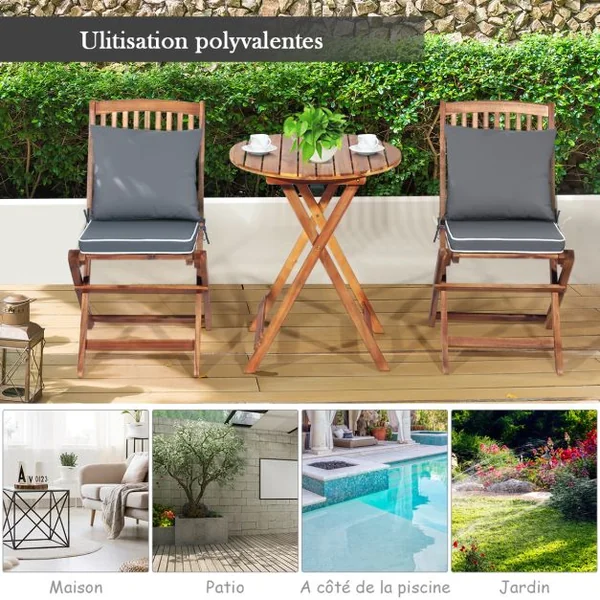 Ensemble Bistro Pliant en Bois d'Acacia 3 Pièces pour Patio Ensemble de Table et Chaises Extérieures avec Coussins Doux Gris/Naturel