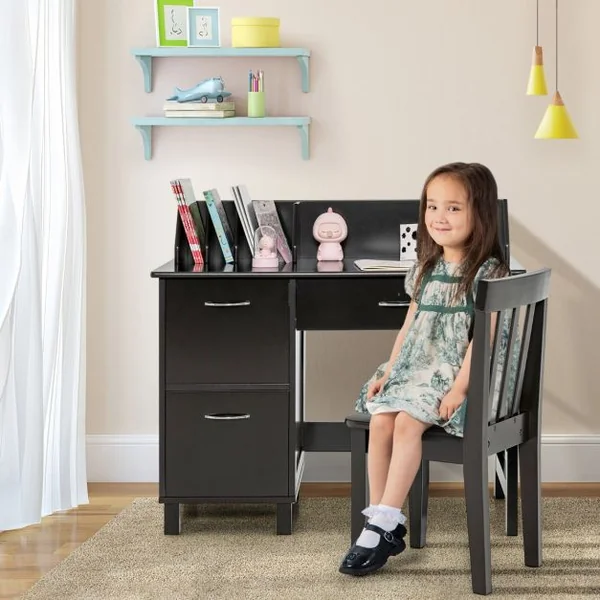 Ensemble Bureau et Chaise pour Enfants avec Niche Tiroir et Placards de Rangement pour Chambre et Salle d'Étude Marron