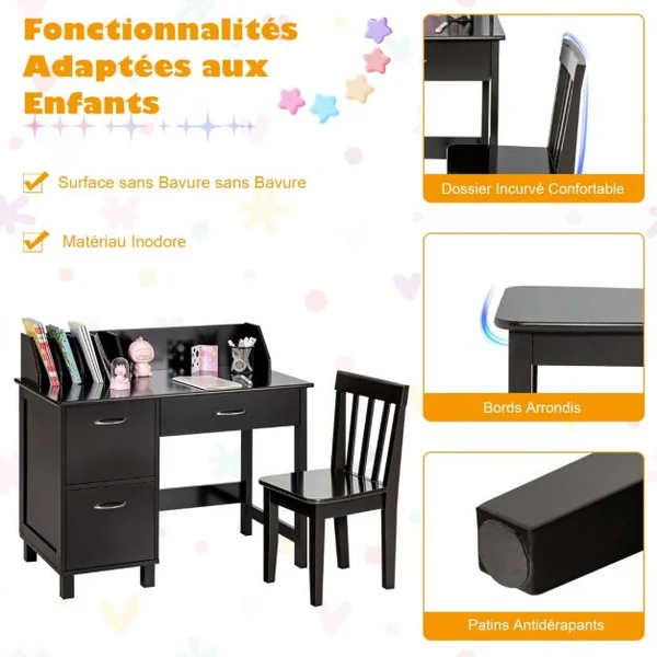 Ensemble Bureau et Chaise pour Enfants avec Niche Tiroir et Placards de Rangement pour Chambre et Salle d'Étude Marron