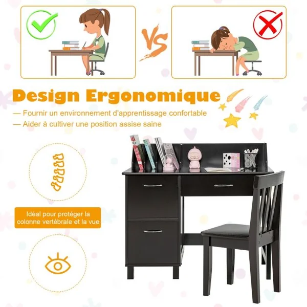 Ensemble Bureau et Chaise pour Enfants avec Niche Tiroir et Placards de Rangement pour Chambre et Salle d'Étude Marron