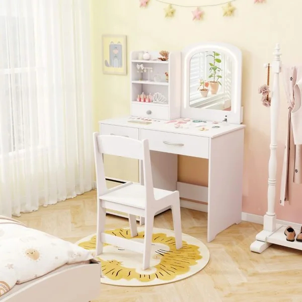 Ensemble Coiffeuse pour Enfants avec Miroir Lumineux Table de Maquillage Princesse avec Miroir et Lumières Étagères Ouvertes Blanc