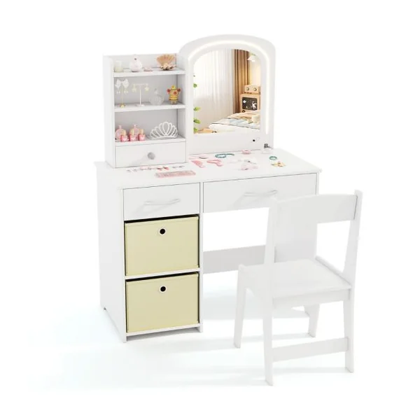 Ensemble Coiffeuse pour Enfants avec Miroir Lumineux Table de Maquillage Princesse avec Miroir et Lumières Étagères Ouvertes Blanc
