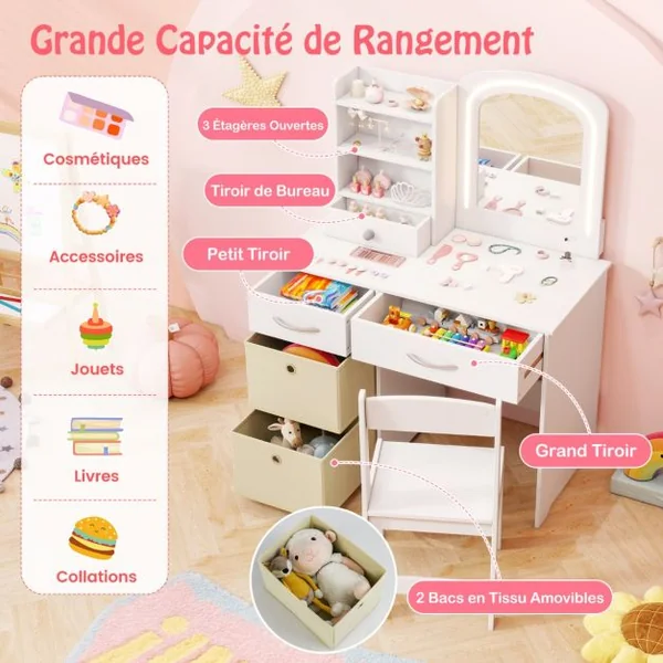 Ensemble Coiffeuse pour Enfants avec Miroir Lumineux Table de Maquillage Princesse avec Miroir et Lumières Étagères Ouvertes Blanc