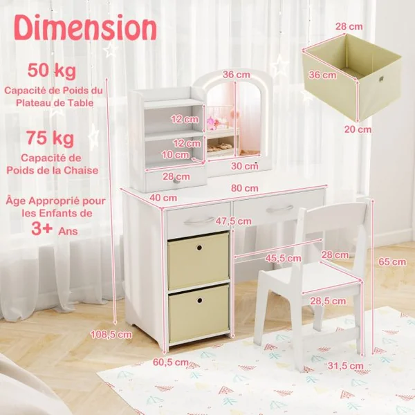 Ensemble Coiffeuse pour Enfants avec Miroir Lumineux Table de Maquillage Princesse avec Miroir et Lumières Étagères Ouvertes Blanc