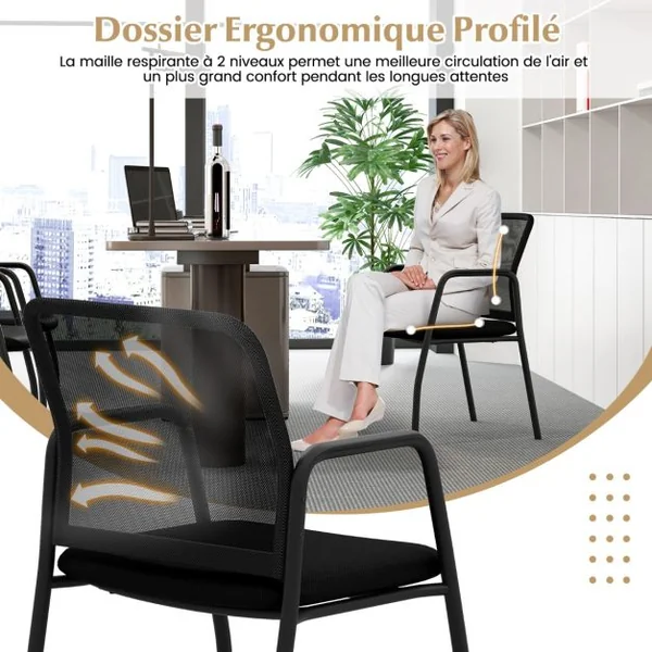 Ensemble de 2 Chaises de Salle d'Attente Dossier Ergonomique en Maille Accoudoirs Robustes et Siège Rembourré Chaises en Maille Noir
