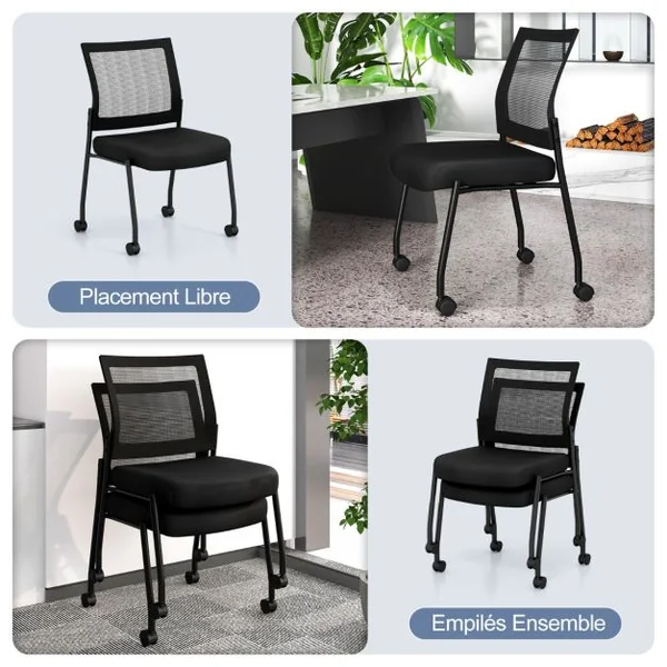 Ensemble de 2 Chaises de Salle d'Attente Sans Accoudoirs à Roulettes Dossier en Maille Empilables Siège Rembourré Chaises en Maille Noir