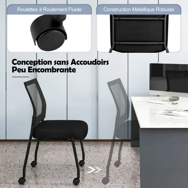 Ensemble de 2 Chaises de Salle d'Attente Sans Accoudoirs à Roulettes Dossier en Maille Empilables Siège Rembourré Chaises en Maille Noir