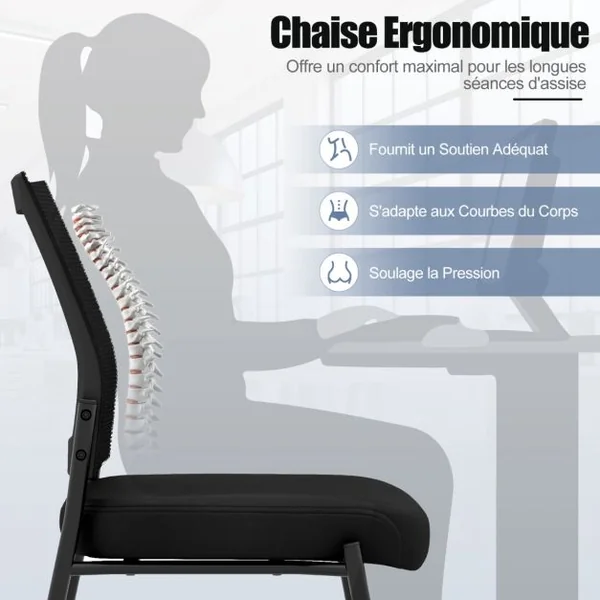 Ensemble de 2 Chaises de Salle d'Attente Sans Accoudoirs à Roulettes Dossier en Maille Empilables Siège Rembourré Chaises en Maille Noir
