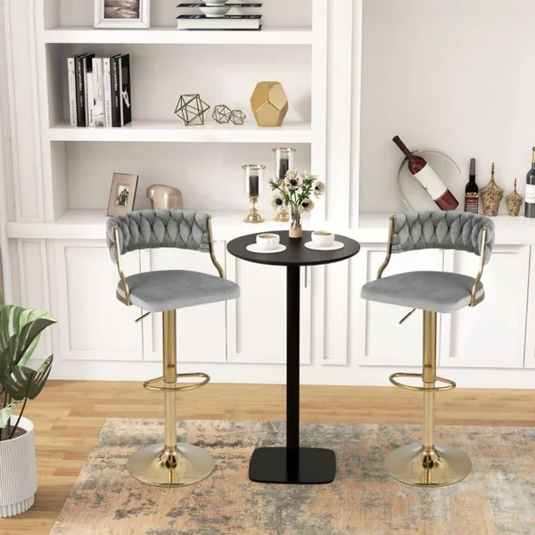 Ensemble De 2 Tabourets Pivotants En Velours Avec Dossier Tissé Repose-Pieds Certification Sgs Vérin à Gaz Avec Rotation à 360 Degrés Gris