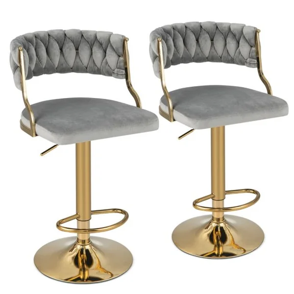 Ensemble De 2 Tabourets Pivotants En Velours Avec Dossier Tissé Repose-Pieds Certification Sgs Vérin à Gaz Avec Rotation à 360 Degrés Gris