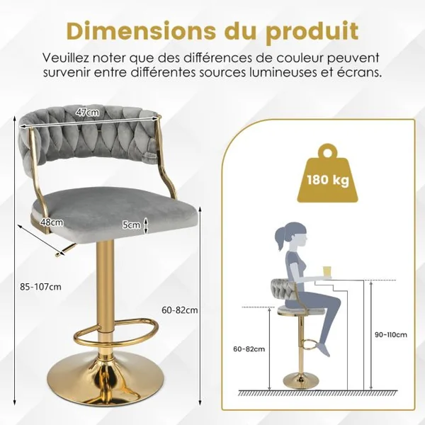 Ensemble De 2 Tabourets Pivotants En Velours Avec Dossier Tissé Repose-Pieds Certification Sgs Vérin à Gaz Avec Rotation à 360 Degrés Gris