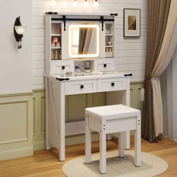 Ensemble de Coiffeuse et Tabouret avec Lumières et Miroir Coulissant Lumières LED à Intensité Variable à 3 Couleurs Blanc
